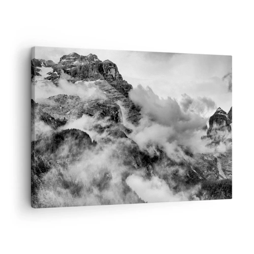 Obraz na plátně - Černobílý pohled na hory obklopené mraky - 70x50cm - Krásné a kruté - Moderní nástěnná dekorace do obývacího pokoje a ložnice ARTTOR