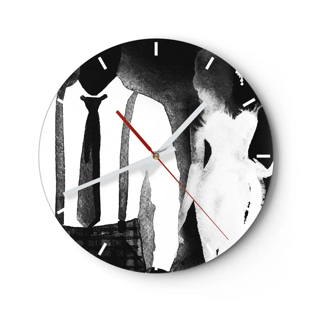 Nástěnné hodiny - Siluety ženy a muže v černobílé noirové atmosféře - 30x30cm - Ve stylu noir - Moderní nástěnná dekorace do obývacího pokoje, kuchyně a ložnice ARTTOR