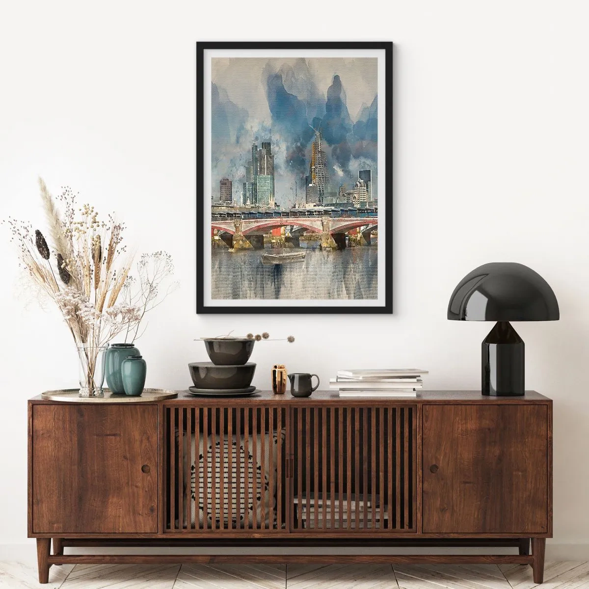 Plakát v černém rámu - Městská krajina s mostem a mrakodrapy v pozadí - 50x70cm - Londýn v celé své kráse - Moderní nástěnná dekorace do obývacího pokoje a ložnice ARTTOR