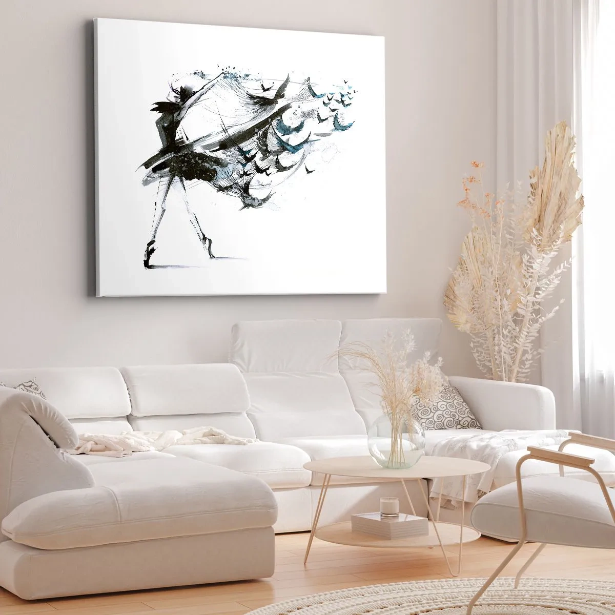 Obraz na plátně - Tanečnice v dynamických šatech ve tvaru ptáků - 70x50cm - Magie hudby uvolňuje od kouzla - Moderní nástěnná dekorace do obývacího pokoje a ložnice ARTTOR