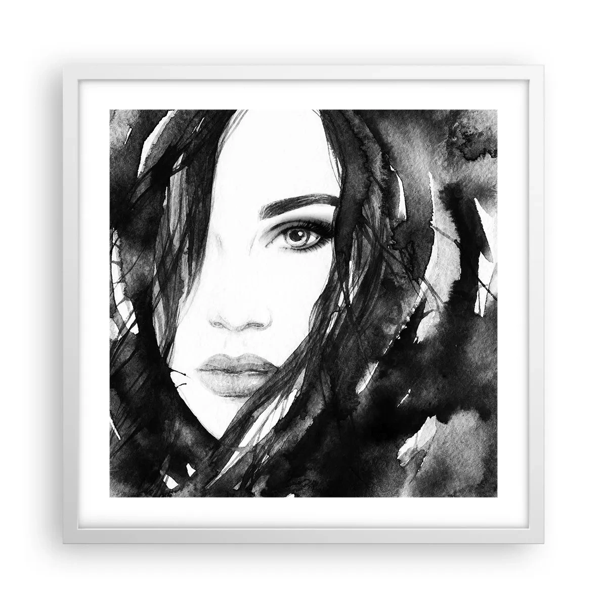 Plakát v bílém rámu - Portrét dámy v černé a bílé - 50x50 cm