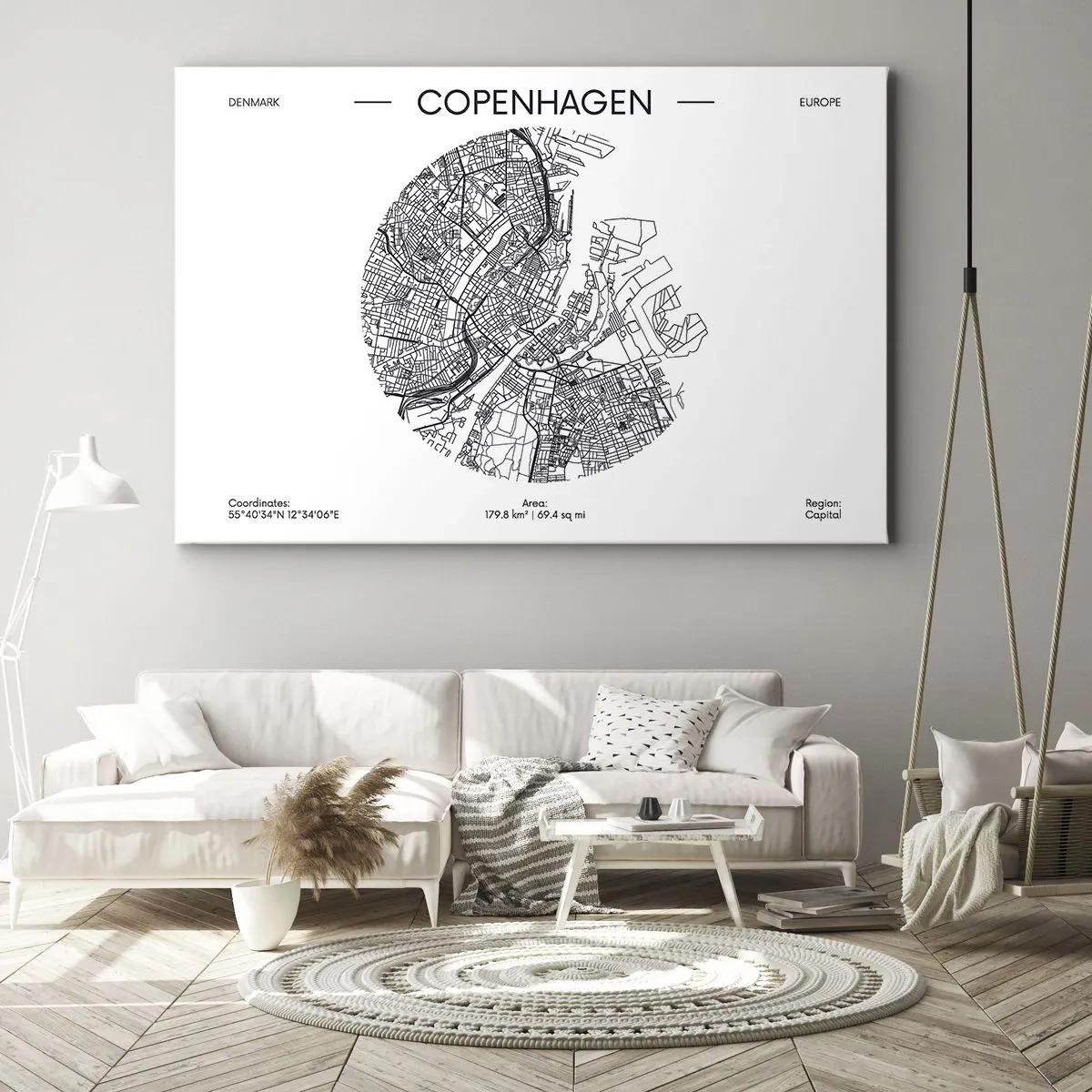 Obraz na plátně - Mapa Kodaně v minimalistickém černobílém stylu. - 70x50cm - Anatomie Kodaně - Moderní nástěnná dekorace do obývacího pokoje a ložnice ARTTOR