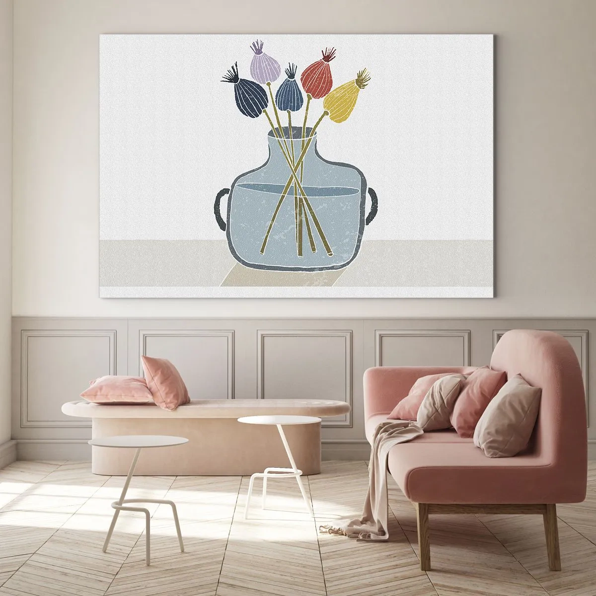 Obraz na skle - Dekorativní makové hlavy ve džbánu v grafickém stylu - 70x50cm - Makové květy - Moderní nástěnná dekorace do obývacího pokoje a ložnice ARTTOR