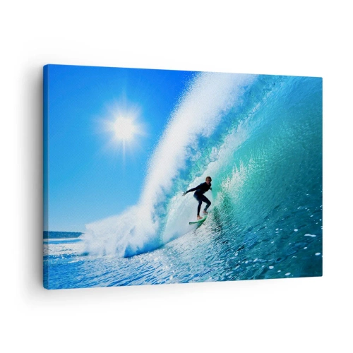 Obraz na plátně - Surfař na prkně jede uvnitř silné vlny pod modrou oblohou. - 70x50cm - Přes velký blankyt - Moderní nástěnná dekorace do obývacího pokoje a ložnice ARTTOR