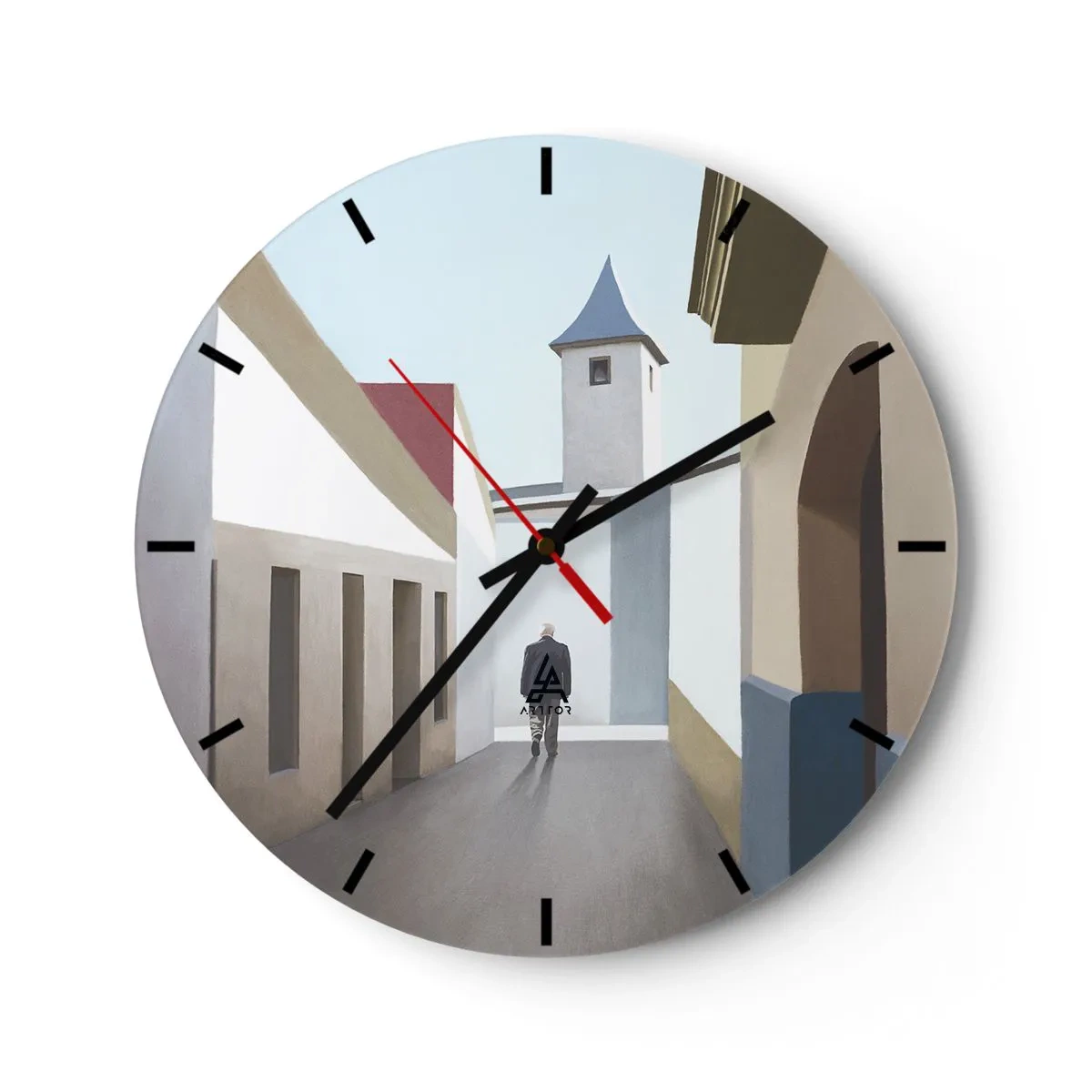 Nástěnné hodiny - Postava na pozadí městské ulice v jasném, geometrickém prostředí - 30x30cm - Slunečná procházka - Moderní nástěnná dekorace do obývacího pokoje, kuchyně a ložnice ARTTOR