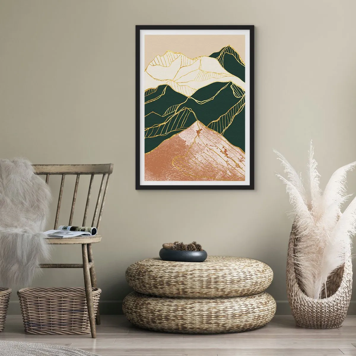 Plakát v černém rámu - Abstraktní zlaté čáry vytvářející horskou krajinu - 50x70cm - Zlaté vrcholy - Moderní nástěnná dekorace do obývacího pokoje a ložnice ARTTOR