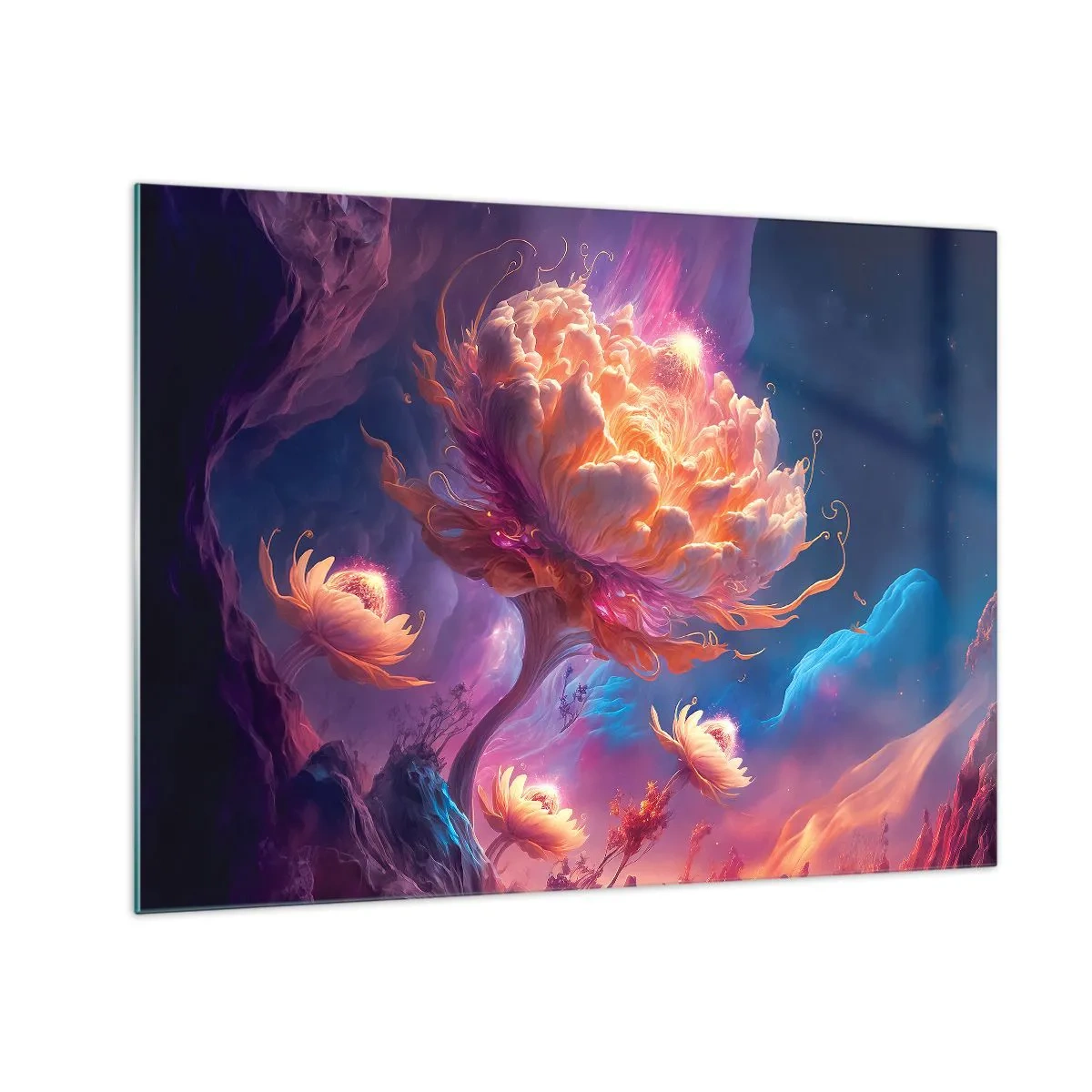 Obraz na skle - Fantastická květina plovoucí v kosmickém prostředí - 70x50cm - Jiný svět - Moderní nástěnná dekorace do obývacího pokoje a ložnice ARTTOR