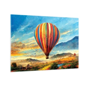 Obraz na skle - Barevný balón vznášející se nad horskou krajinou - 70x50cm - V tichu je toho vidět víc - Moderní nástěnná dekorace do obývacího pokoje a ložnice ARTTOR