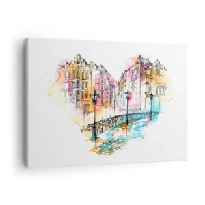 Obraz na plátně - Akvarel mostu a činžovních domů ve tvaru srdce - 70x50cm - Srdce města - Moderní nástěnná dekorace do obývacího pokoje a ložnice ARTTOR