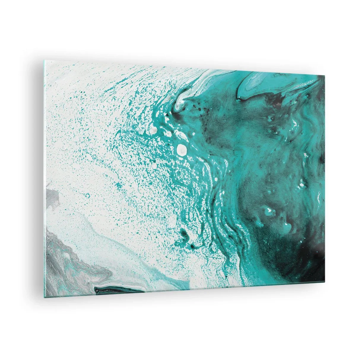 Obraz na skle - Abstraktní obraz v odstínech bílé a tyrkysové - 70x50cm - Propadnout v bílé a tyrkysové - Moderní nástěnná dekorace do obývacího pokoje a ložnice ARTTOR