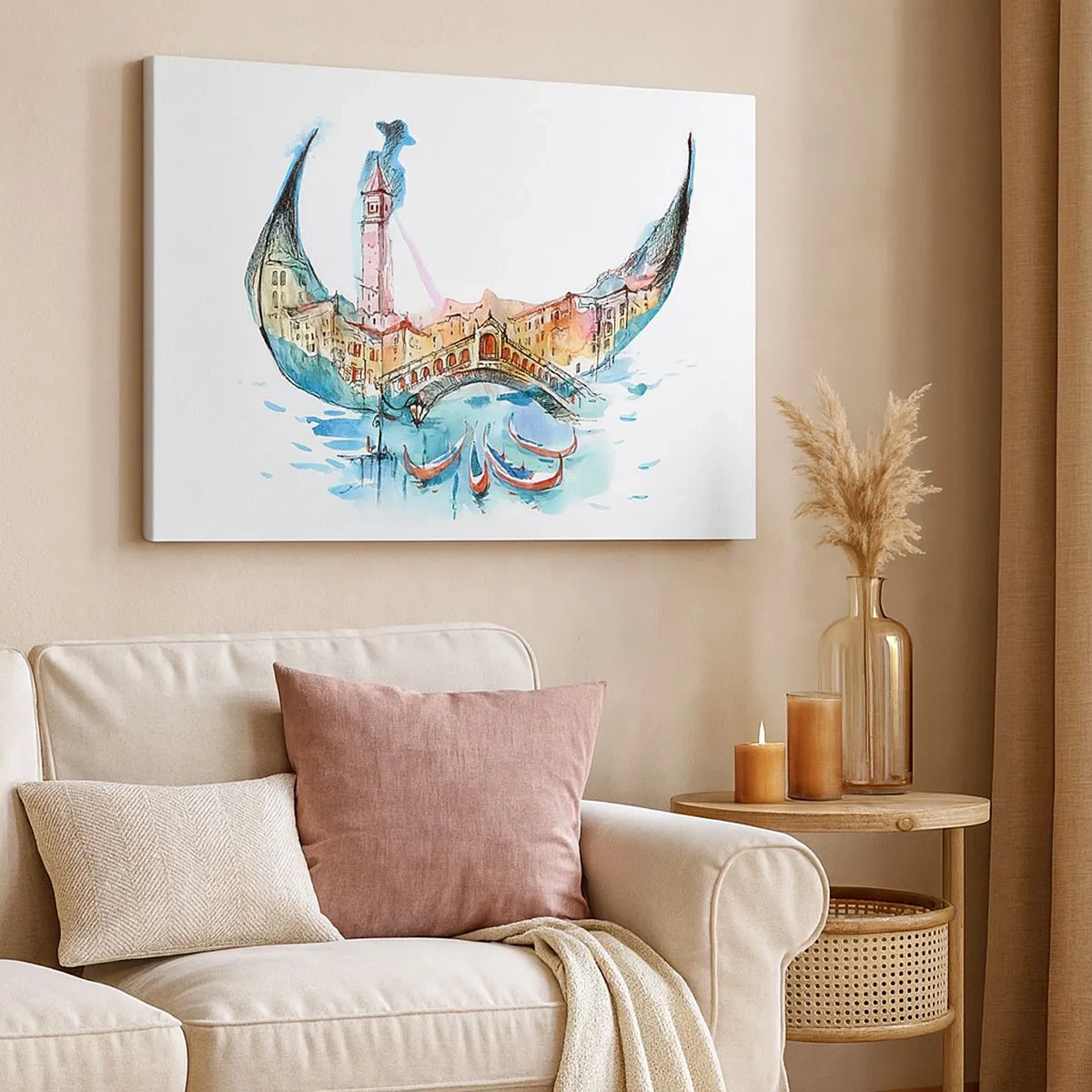 Obraz na plátně - Akvarelová kompozice Benátek ve tvaru gondoly - 70x50cm - Plujeme městem - Moderní nástěnná dekorace do obývacího pokoje a ložnice ARTTOR