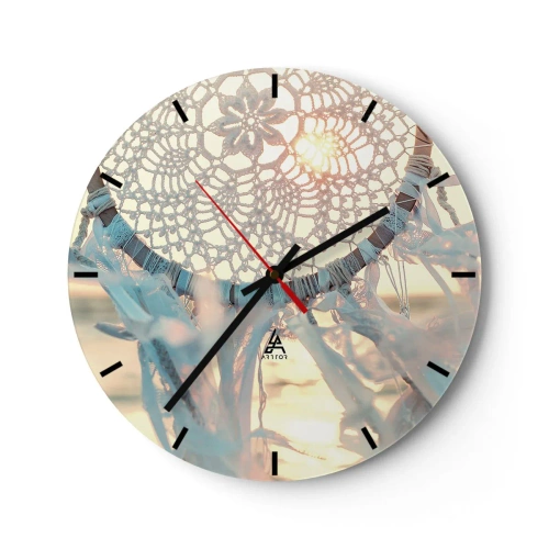 Nástěnné hodiny - Krajkový lapač snů se stuhami v paprscích západu slunce - 30x30cm - Krajkový totem - Moderní nástěnná dekorace do obývacího pokoje, kuchyně a ložnice ARTTOR