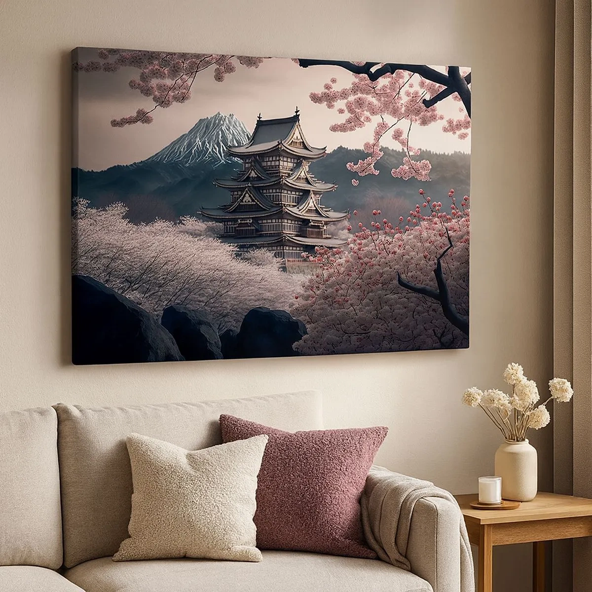 Obraz na plátně - Japonský chrám obklopený třešňovými květy a horami - 70x50cm - Země kvetoucích třešní - Moderní nástěnná dekorace do obývacího pokoje a ložnice ARTTOR
