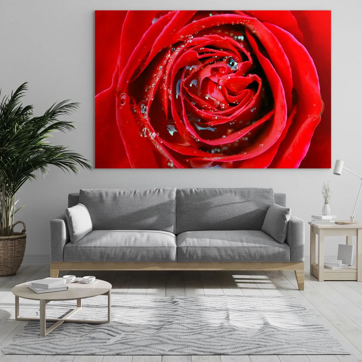 Obraz na skle - Detailní záběr na rudou růži s kapkami rosy - 70x50cm - V kapkách rosy - Moderní nástěnná dekorace do obývacího pokoje a ložnice ARTTOR