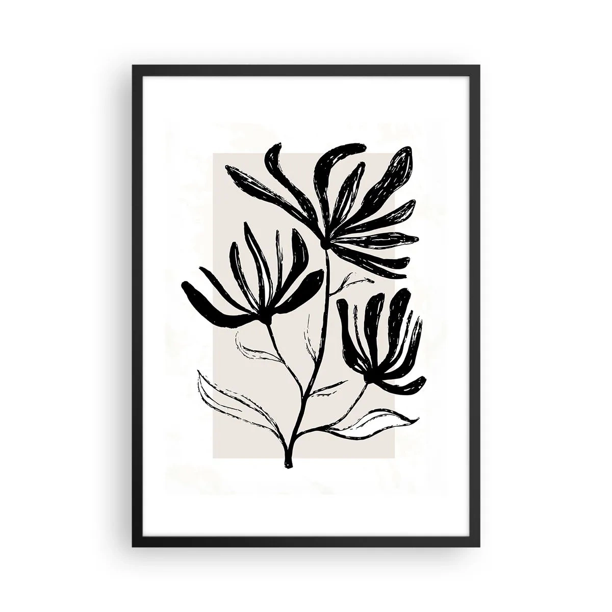 Plakát v černém rámu - Černobílé ilustrace květin na béžovém pozadí - 50x70cm - Náčrtek pro herbář - Moderní nástěnná dekorace do obývacího pokoje a ložnice ARTTOR