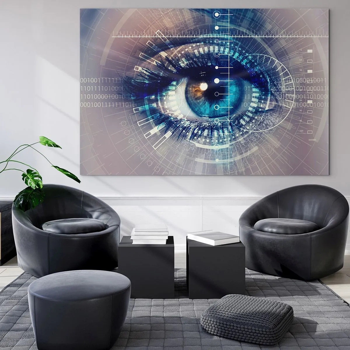 Obraz na skle - Digitální oko s futuristickým technologickým a datovým tématem - 70x50cm - Myslíš si, že mě znáš - Moderní nástěnná dekorace do obývacího pokoje a ložnice ARTTOR