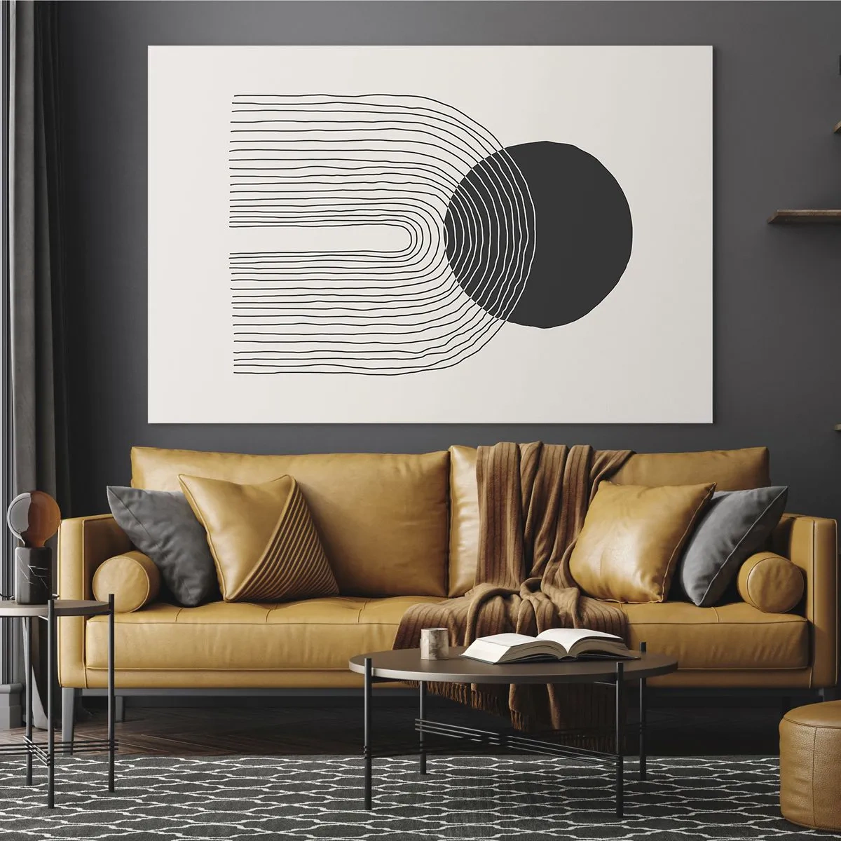 Obraz na skle - Minimalistická grafika s černým kruhem a čarami - 70x50cm - Chvění a jistota - Moderní nástěnná dekorace do obývacího pokoje a ložnice ARTTOR