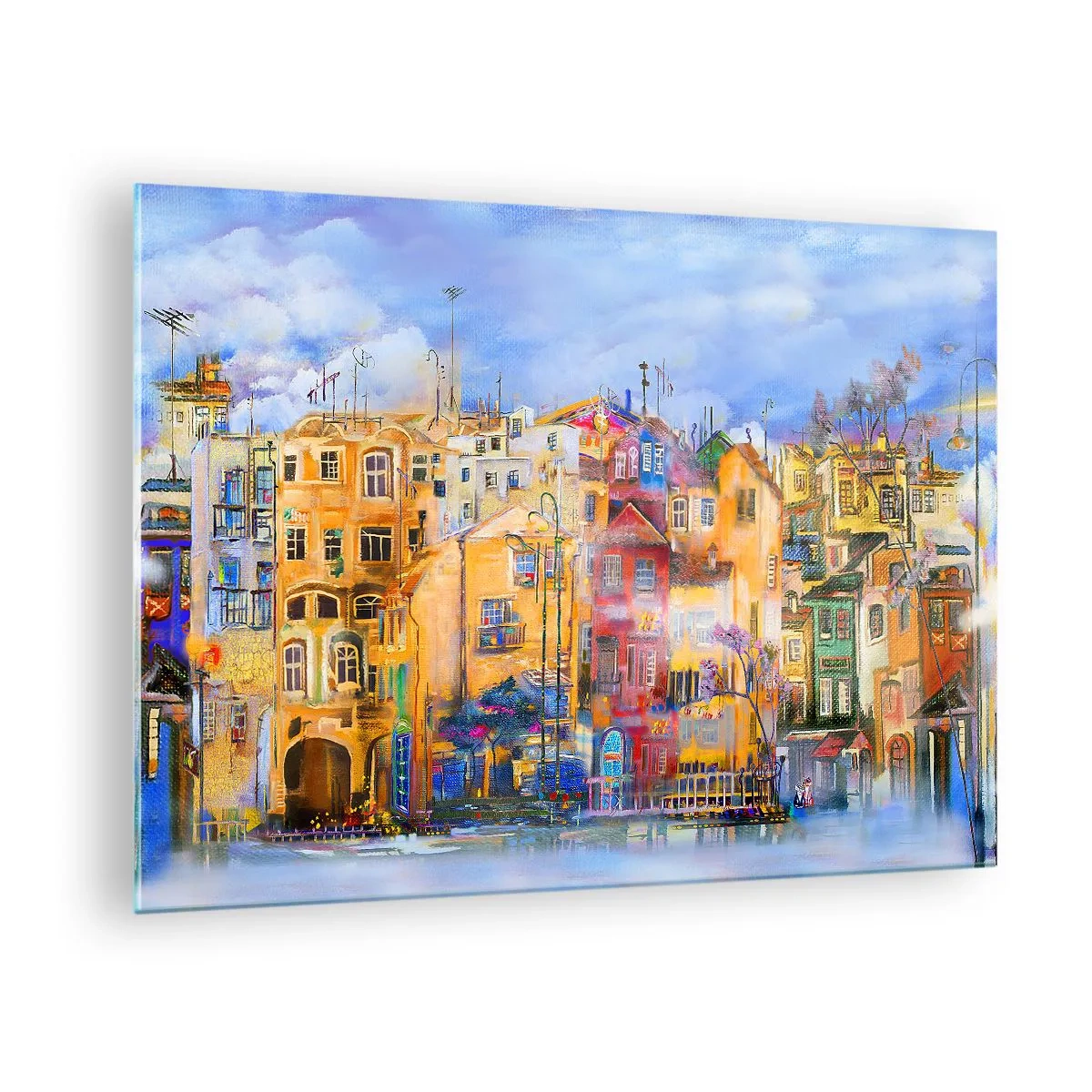 Obraz na skle - Barevné činžovní domy v uměleckém městském prostředí - 70x50cm - Jsme spolu - Moderní nástěnná dekorace do obývacího pokoje a ložnice ARTTOR