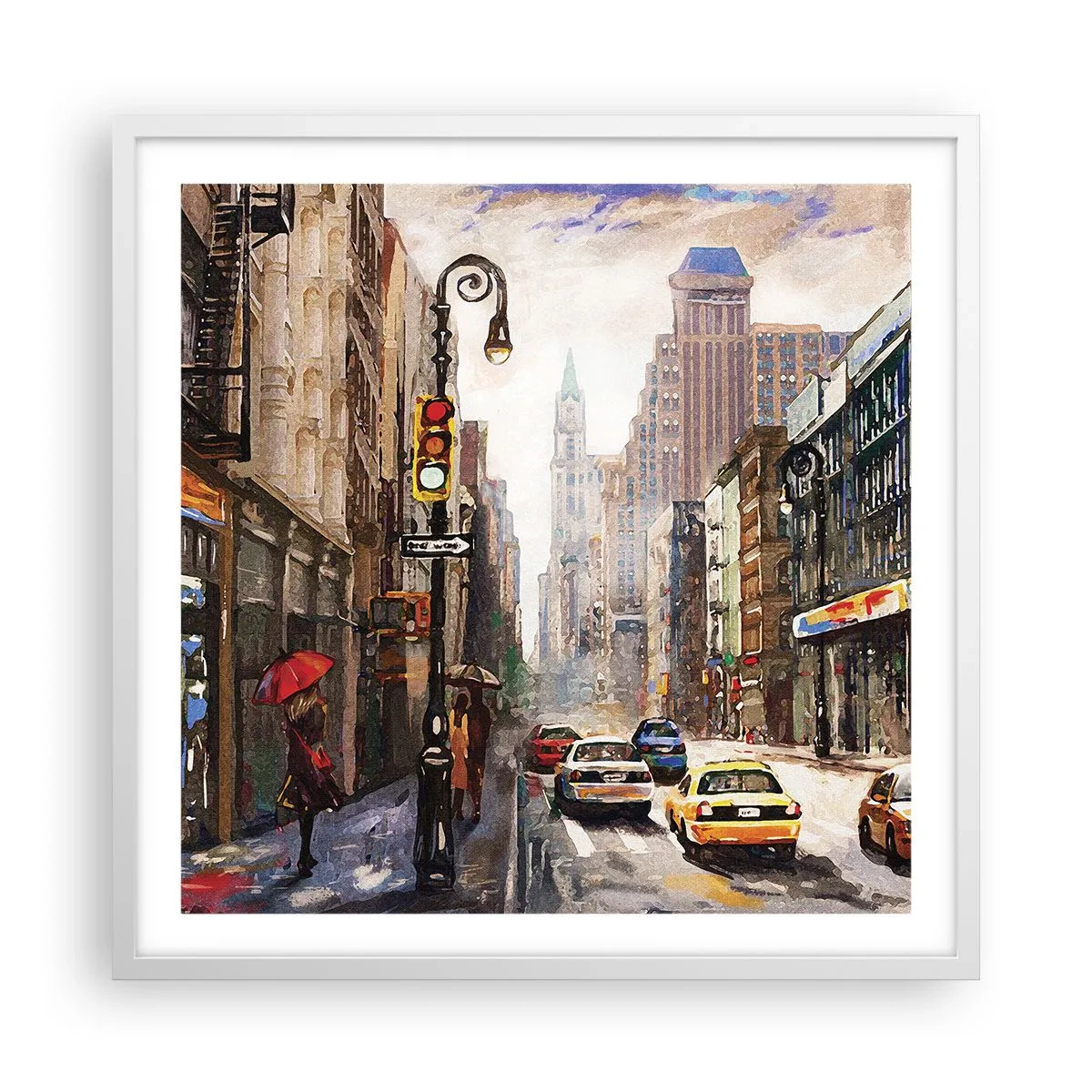 Plakát v bílém rámu - New York – barevný i v dešti - 60x60 cm