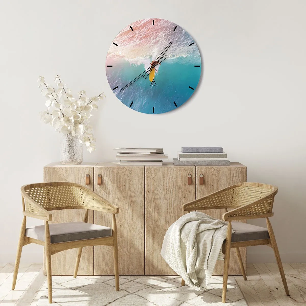 Nástěnné hodiny - Surfař na vlně v tyrkysovém oceánu - 30x30cm - Oceanický jezdec - Moderní nástěnná dekorace do obývacího pokoje, kuchyně a ložnice ARTTOR