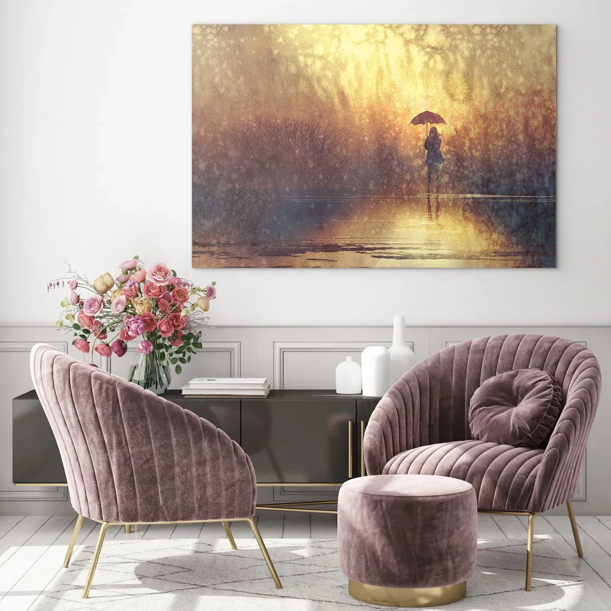 Obraz na skle - Postava s deštníkem ve světle zapadajícího slunce a deště - 70x50cm - Cítím, že se na mě někdo dívá - Moderní nástěnná dekorace do obývacího pokoje a ložnice ARTTOR