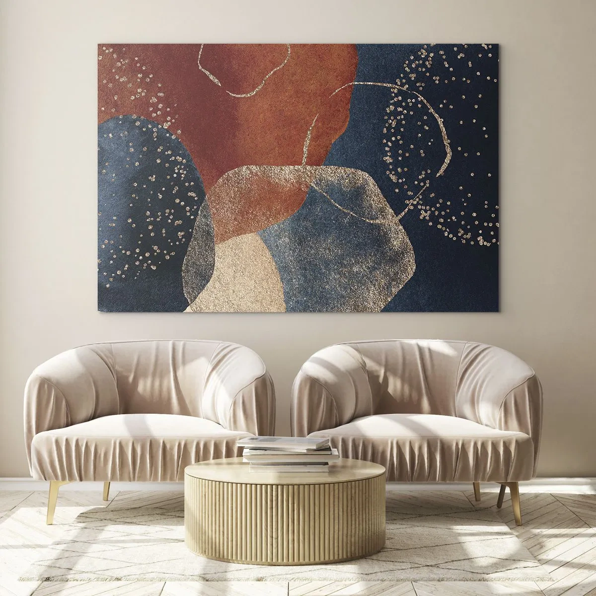 Obraz na skle - Abstraktní tvary v odstínech tmavě modré a mědi - 70x50cm - Lehkost bytí - Moderní nástěnná dekorace do obývacího pokoje a ložnice ARTTOR