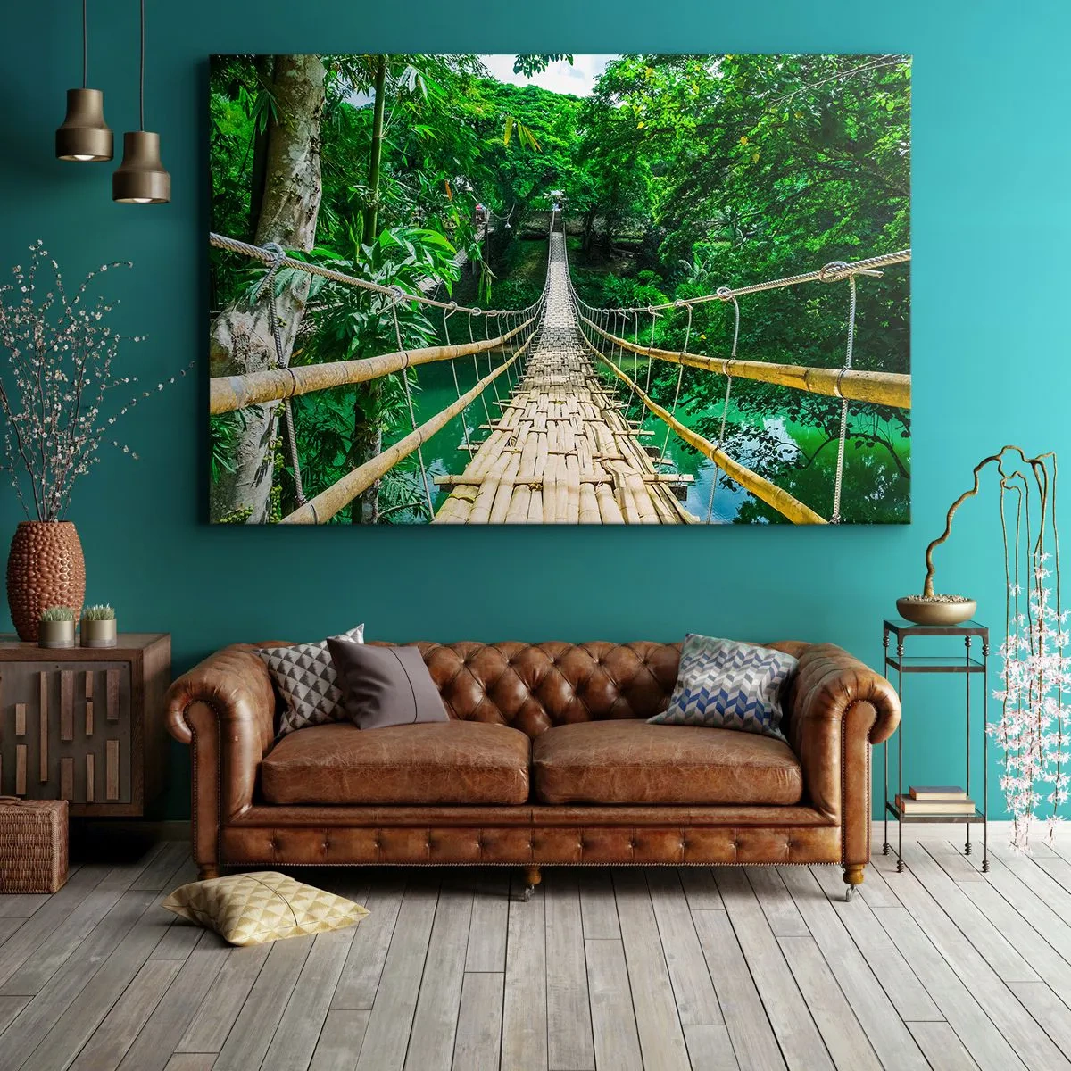 Obraz na plátně - Visutý bambusový most obklopený zelení - 70x50cm - Opičí most nad zelení - Moderní nástěnná dekorace do obývacího pokoje a ložnice ARTTOR