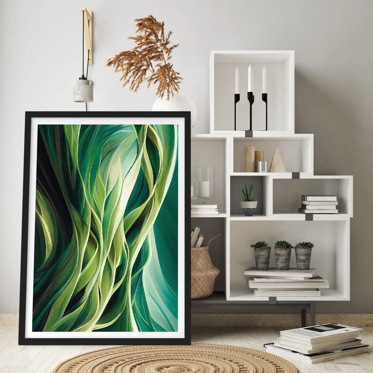 Plakát v černém rámu - Abstraktní kompozice organických, zelených tvarů. - 50x70cm - Abstraktní hra na zelenou - Moderní nástěnná dekorace do obývacího pokoje a ložnice ARTTOR