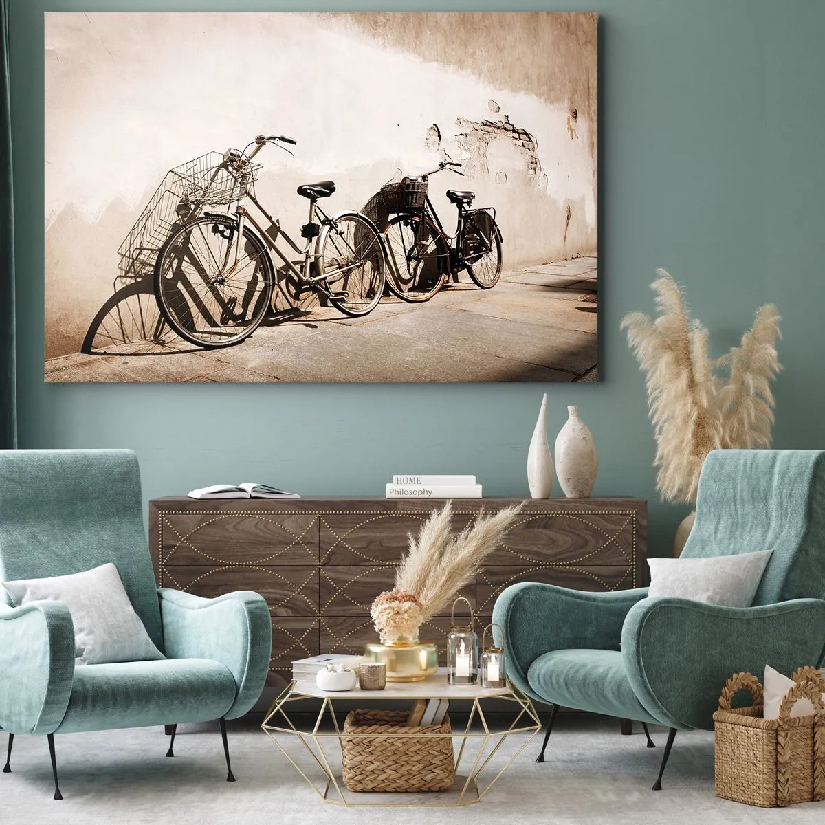 Obraz na plátně - Dvě jízdní kola opřená o starou zeď v retro stylu - 70x50cm - Nezapomenutelné kouzlo minulosti - Moderní nástěnná dekorace do obývacího pokoje a ložnice ARTTOR