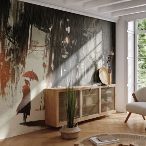 Fototapeta Samolepicí Deluxe Sticker - Poezie červeného deštníku - Město, Žena, Architektura - 350x256 cm