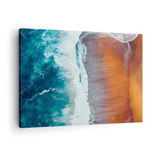 Obraz na plátně - Pohled na oceánské vlny tříštící se o zlatou pláž - 70x50cm - Dotek oceánu - Moderní nástěnná dekorace do obývacího pokoje a ložnice ARTTOR