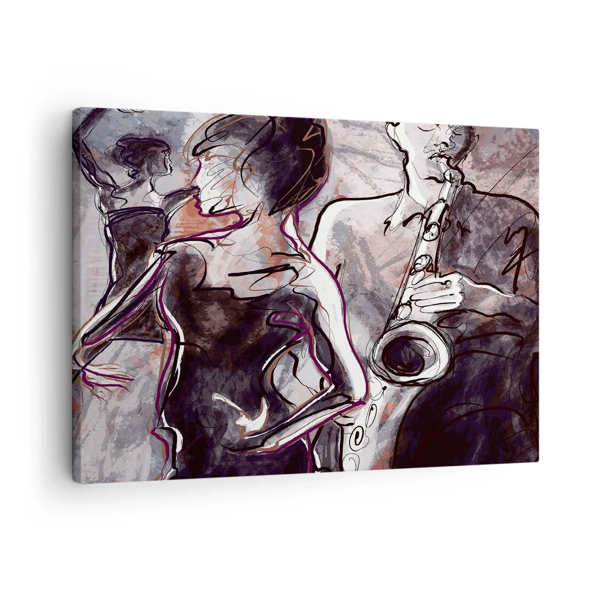 Obraz na plátně - Abstraktní jazzová scéna se saxofonistou a tančící ženou. - 70x50cm - Rozplynout se v hudbě - Moderní nástěnná dekorace do obývacího pokoje a ložnice ARTTOR