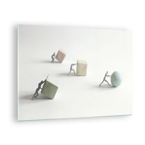 Obraz na skle - Miniaturní figurky kutálí a tlačí geometrické tvary. - 70x50cm - Život samotný - Moderní nástěnná dekorace do obývacího pokoje a ložnice ARTTOR