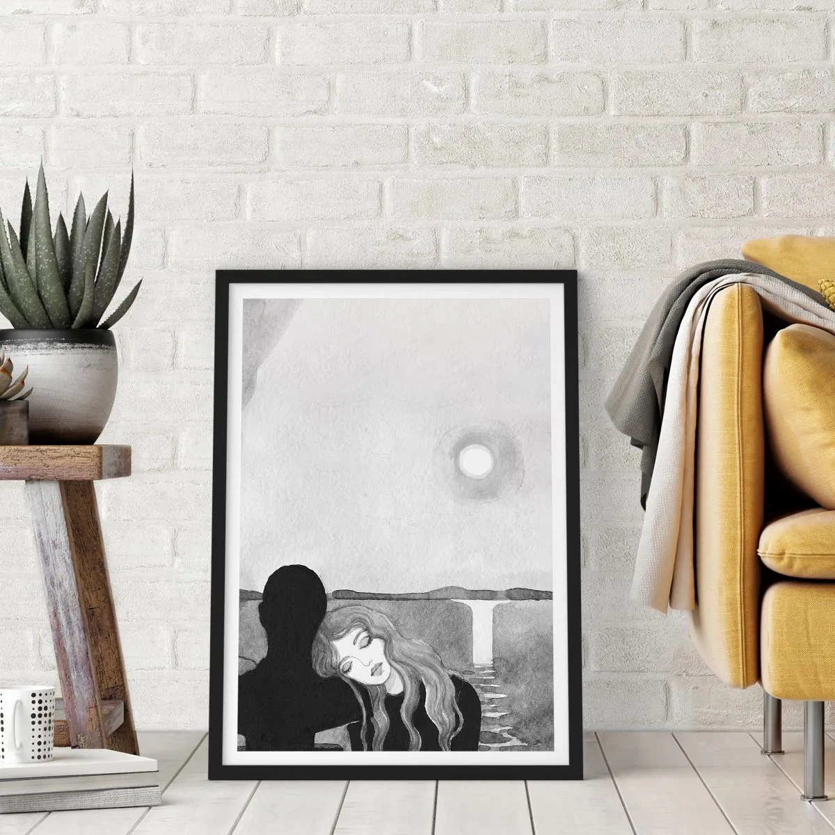Plakát v černém rámu - Žena se opírající se o stínovou postavu, měsíc a vodopád - 50x70cm - Vždy záhadou - Moderní nástěnná dekorace do obývacího pokoje a ložnice ARTTOR