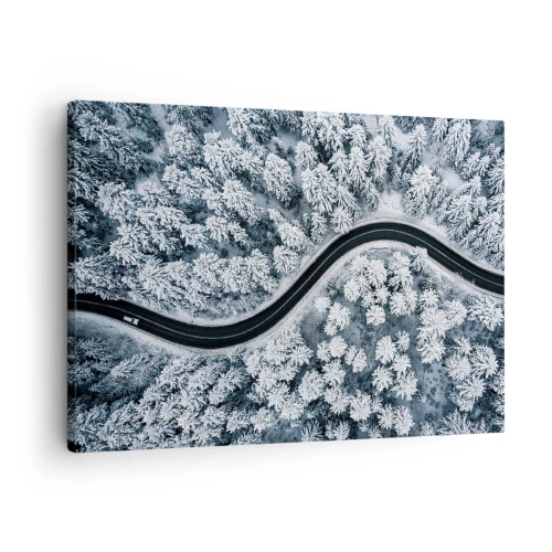 Obraz na plátně - Pohled z ptačí perspektivy na klikatou cestu v zimním lese - 70x50cm - Zimním lesem - Moderní nástěnná dekorace do obývacího pokoje a ložnice ARTTOR
