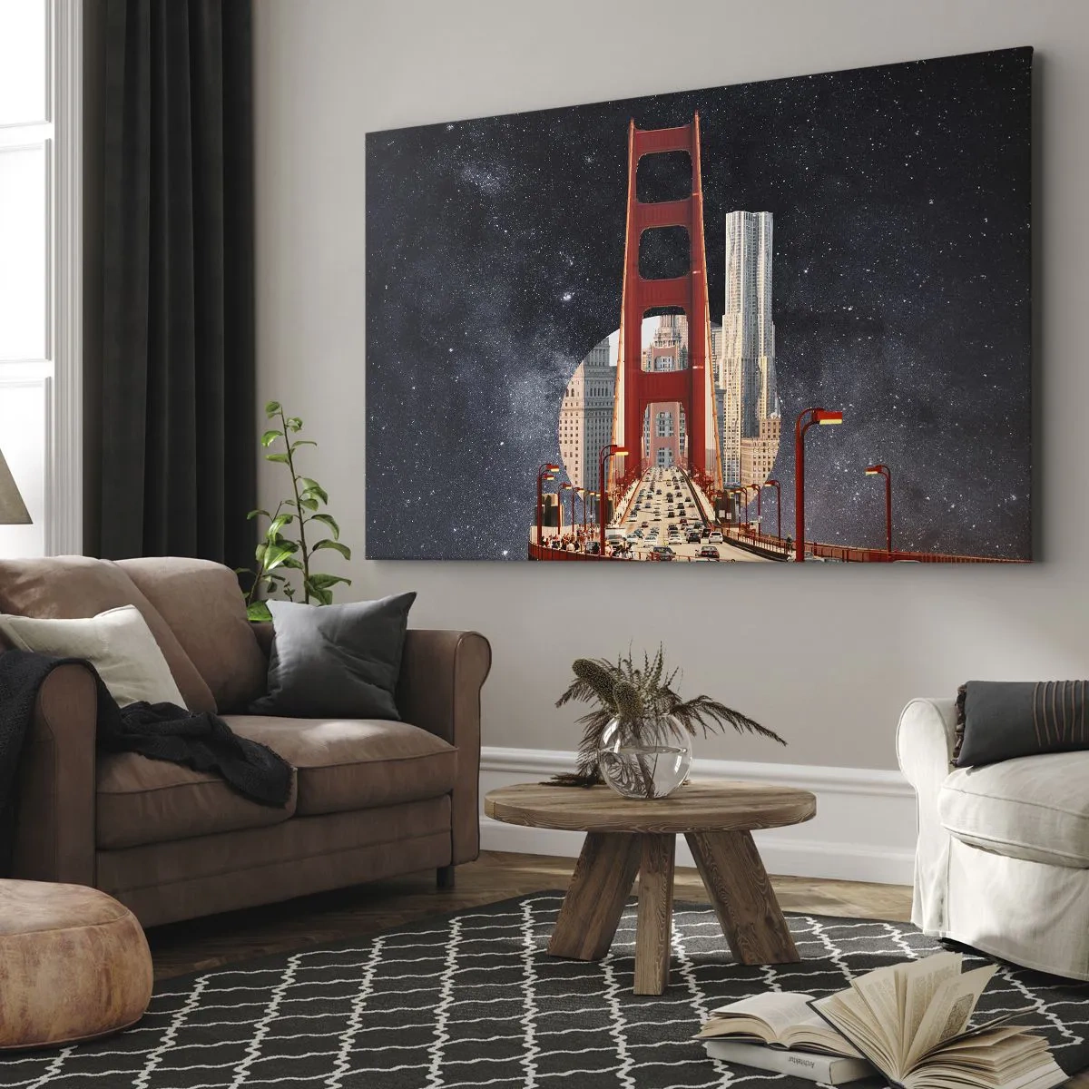 Obraz na plátně - Most Golden Gate s městem v pozadí proti hvězdné obloze - 70x50cm - Vždy uprostřed - Moderní nástěnná dekorace do obývacího pokoje a ložnice ARTTOR