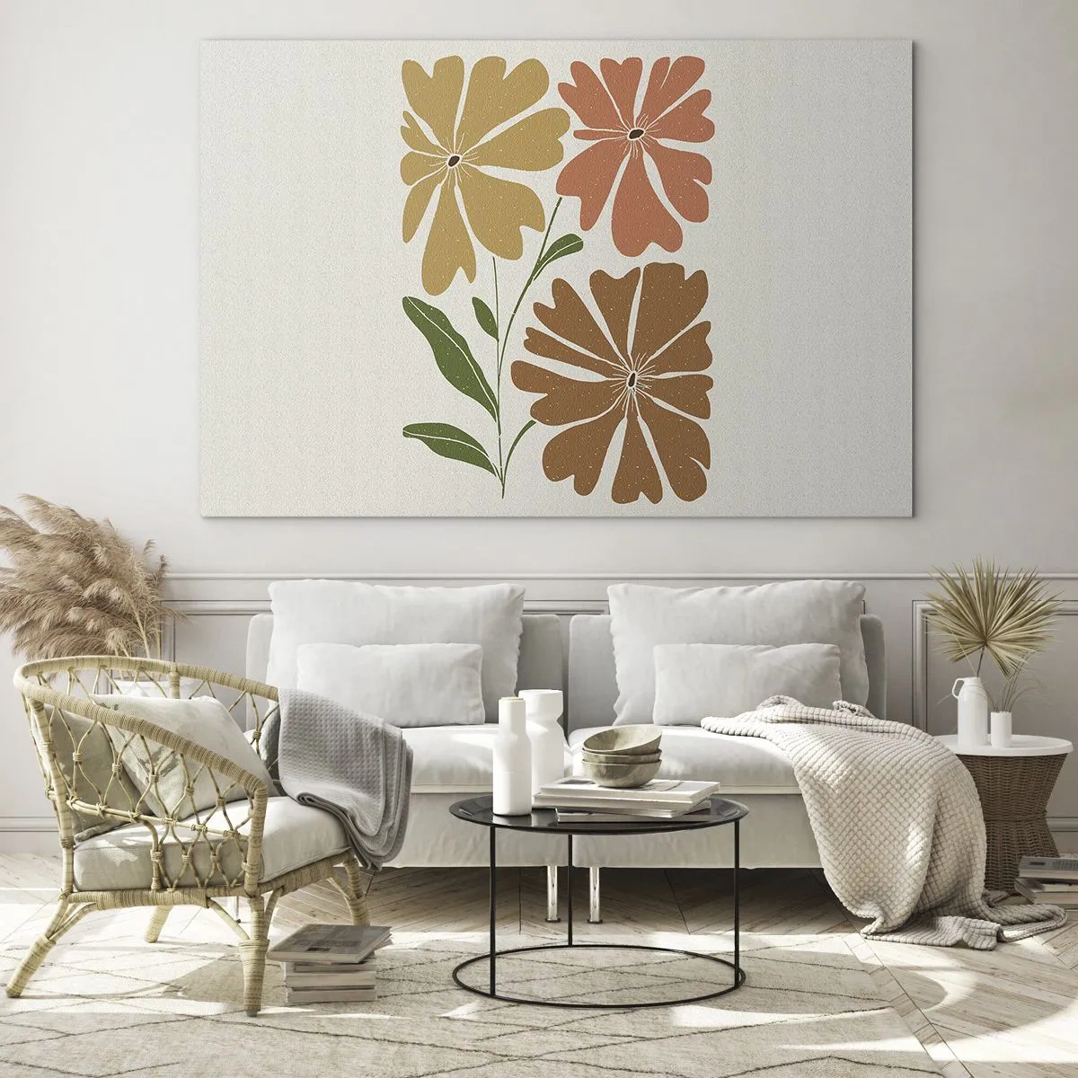 Obraz na skle - Tři stylizované květiny v teplých barvách na světlém pozadí - 70x50cm - Příroda a geometrie - Moderní nástěnná dekorace do obývacího pokoje a ložnice ARTTOR