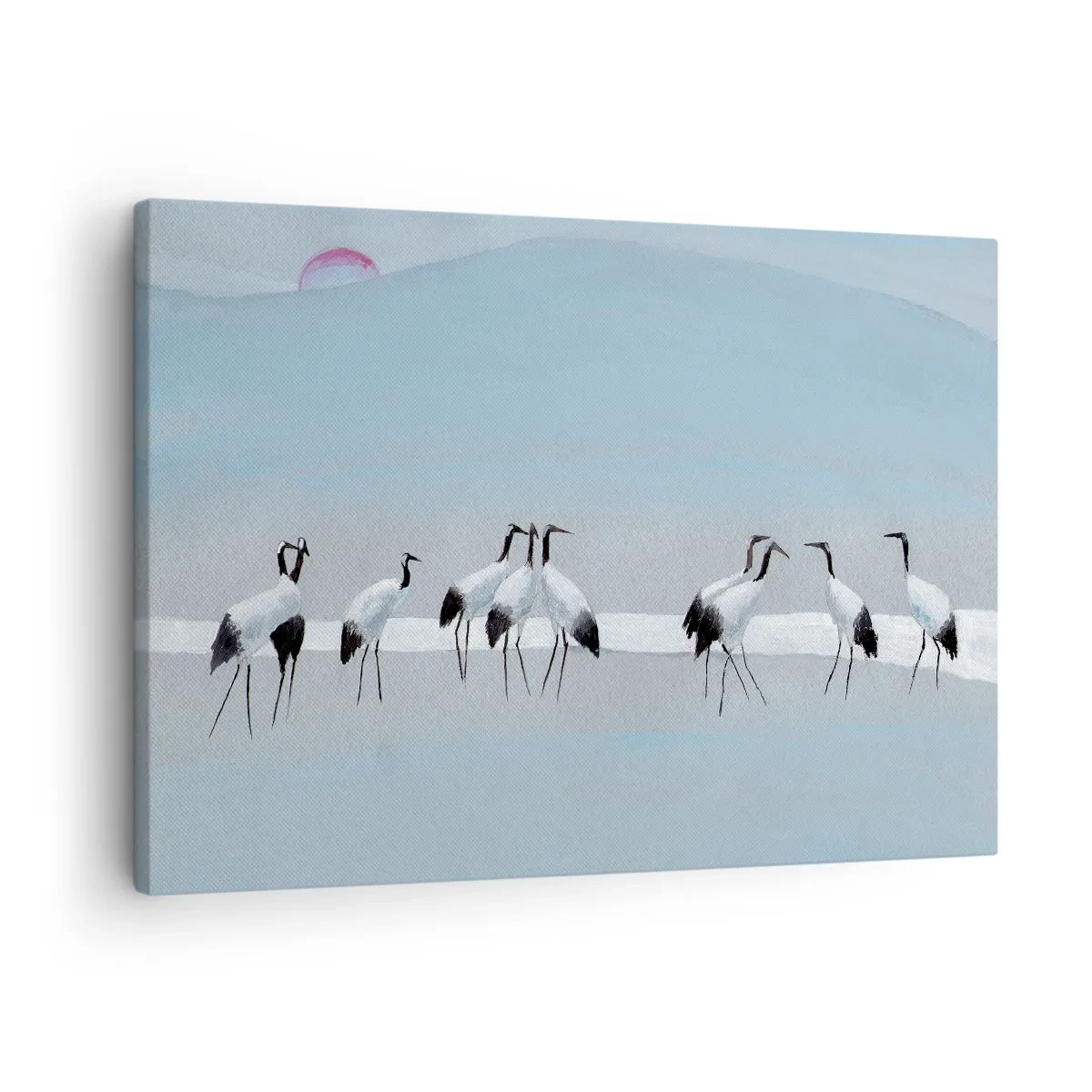 Obraz na plátně - Skupina jeřábů proti modré obloze a vycházejícímu slunci - 70x50cm - Po horkém dni - Moderní nástěnná dekorace do obývacího pokoje a ložnice ARTTOR