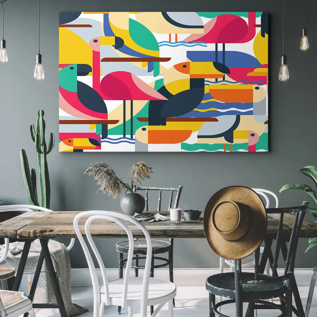 Obraz na plátně - Barevní ptáci v abstraktní, geometrické kompozici - 70x50cm - Ptačí párty - Moderní nástěnná dekorace do obývacího pokoje a ložnice ARTTOR