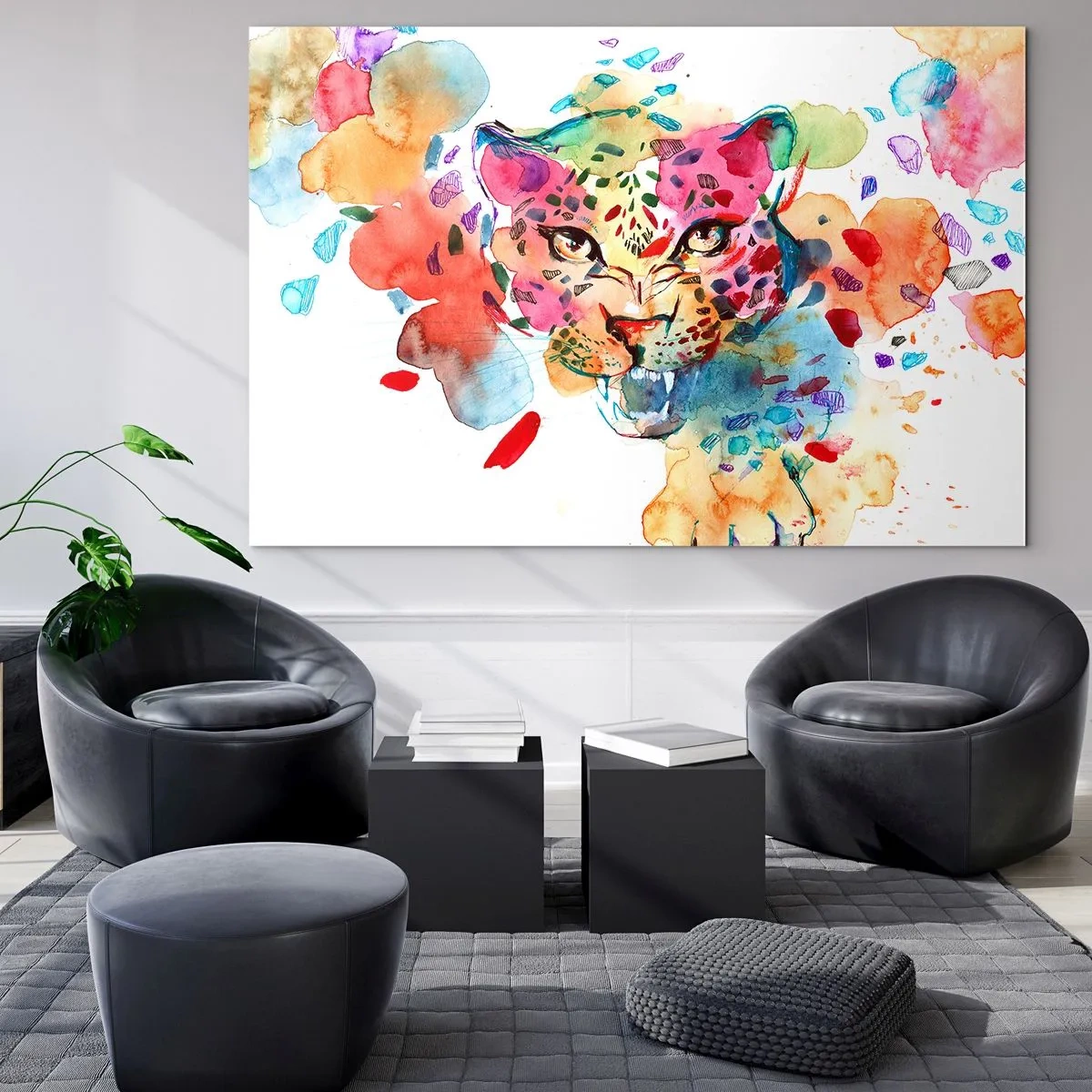 Obraz na skle - Barevný akvarelový portrét leoparda - 70x50cm - Kráska a zvíře - Moderní nástěnná dekorace do obývacího pokoje a ložnice ARTTOR