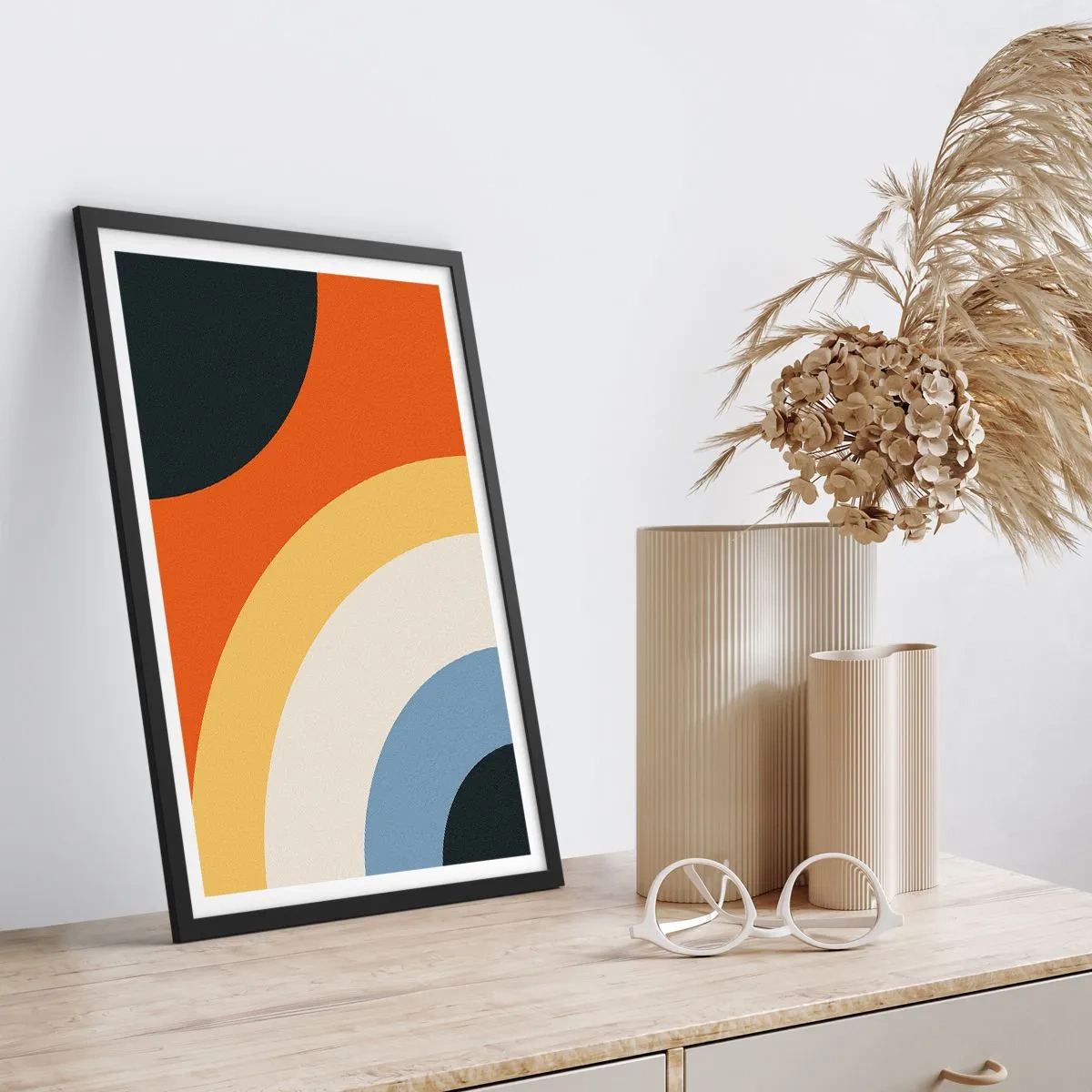 Plakát v černém rámu - Abstraktní barevné oblouky a kruhy - 50x70cm - K sobě samému - Moderní nástěnná dekorace do obývacího pokoje a ložnice ARTTOR