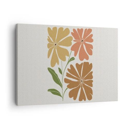 Obraz na plátně - Tři květiny v teplých barvách na světlém pozadí - 70x50cm - Příroda a geometrie - Moderní nástěnná dekorace do obývacího pokoje a ložnice ARTTOR