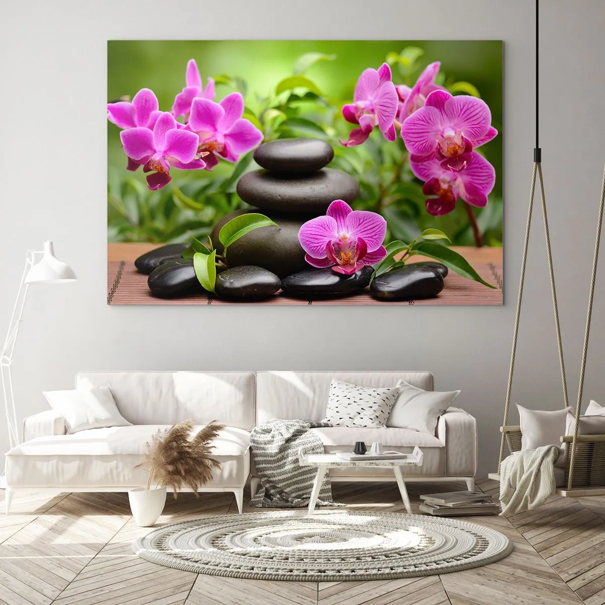 Obraz na skle - Růžové orchideje a černé kameny v klidném prostředí - 70x50cm - Pyramida klidu - Moderní nástěnná dekorace do obývacího pokoje a ložnice ARTTOR