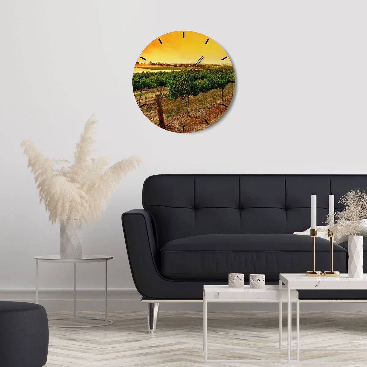 Nástěnné hodiny - Viničná krajina při západu slunce - 30x30cm - Napít se slunce - Moderní nástěnná dekorace do obývacího pokoje, kuchyně a ložnice ARTTOR