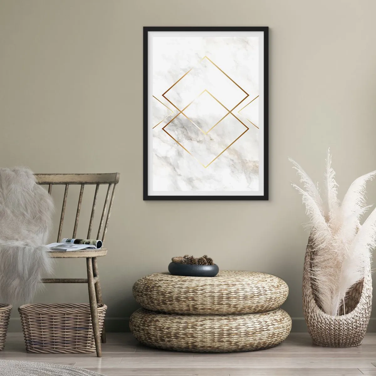 Plakát v černém rámu - Geometrie ve zlatých liniích na mramorovém pozadí - 50x70cm - Pohled na nekonečno - Moderní nástěnná dekorace do obývacího pokoje a ložnice ARTTOR
