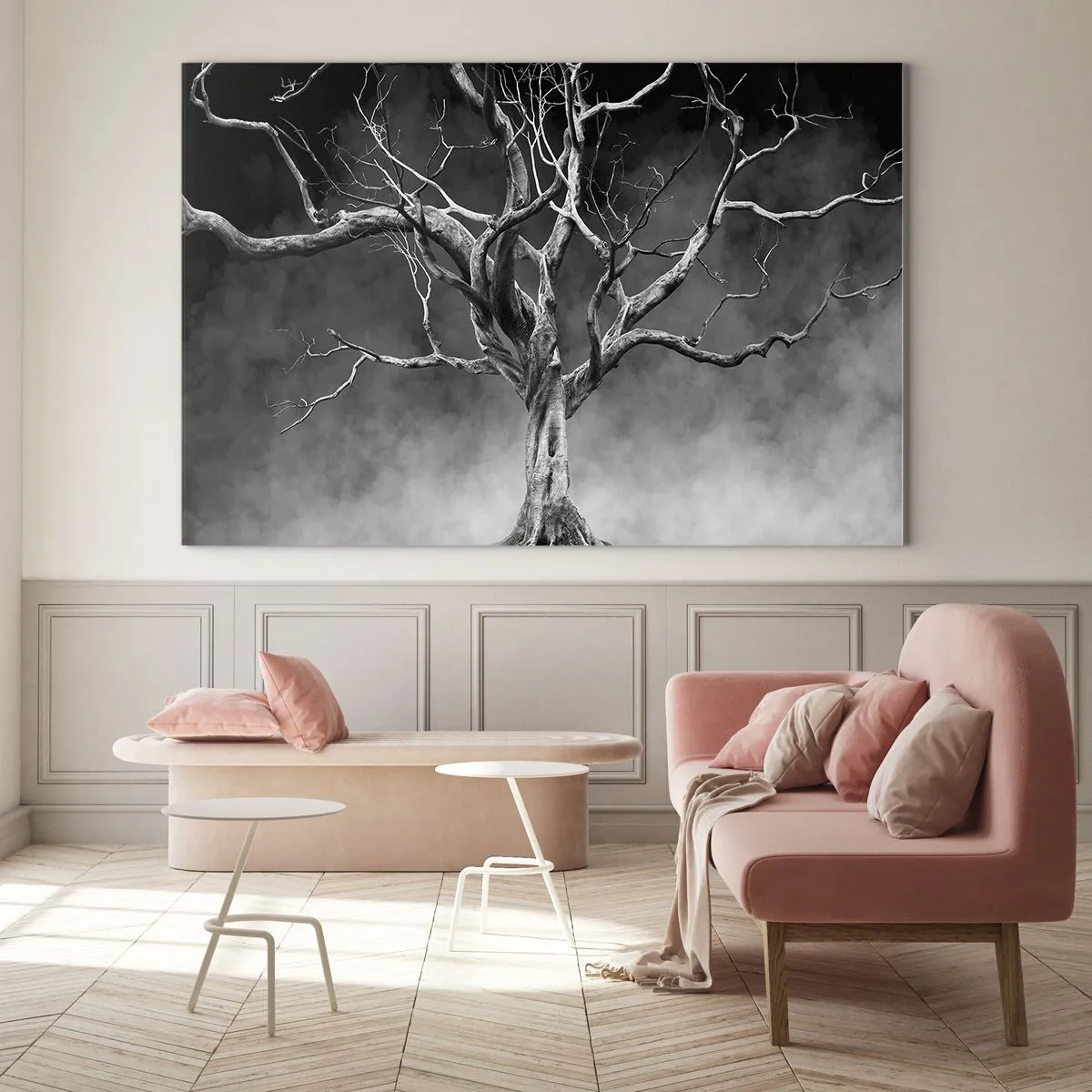 Obraz na skle - Černý strom proti mlze - 70x50cm - Původní a svaté - Moderní nástěnná dekorace do obývacího pokoje a ložnice ARTTOR