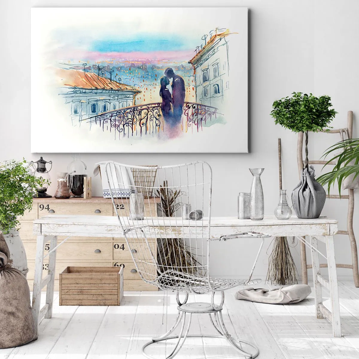 Obraz na plátně - Romantický pár na balkóně s výhledem na město - 70x50cm - Pařížští milenci - Moderní nástěnná dekorace do obývacího pokoje a ložnice ARTTOR