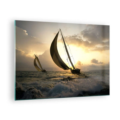 Obraz na skle - Plachetnice v rozbouřeném moři při západu slunce - 70x50cm - S větrem a proti větru - Moderní nástěnná dekorace do obývacího pokoje a ložnice ARTTOR