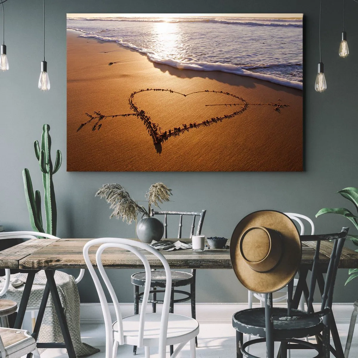 Obraz na plátně - Srdce z písku na pláži při západu slunce - 70x50cm - Prázdninové vyznání - Moderní nástěnná dekorace do obývacího pokoje a ložnice ARTTOR