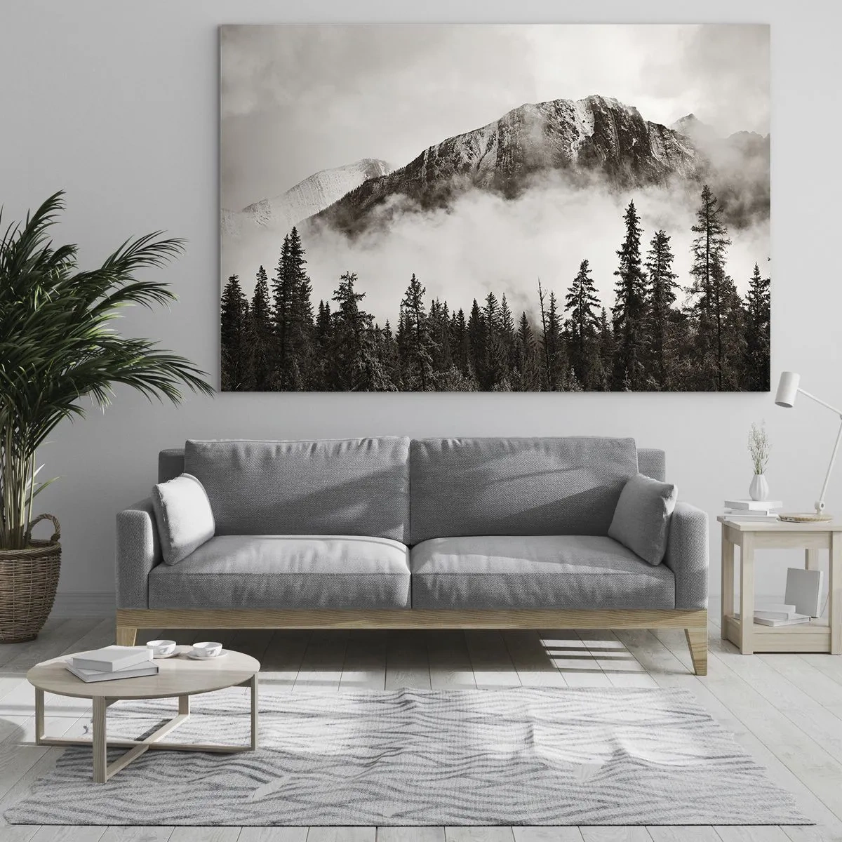 Obraz na skle - Horská krajina s lesem a mlhou v sépiových tónech - 70x50cm - Žulový panovník - Moderní nástěnná dekorace do obývacího pokoje a ložnice ARTTOR